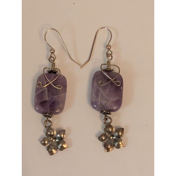 Amethyst Rectangle Bead & Silver Flower Dangle Earrings With Wire Wrap Design - Picture 1 of 5